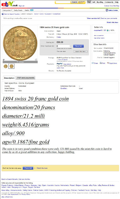 maznkav01 eBay Listing Using our 1894 Swiss Gold 20 Franc Photographs